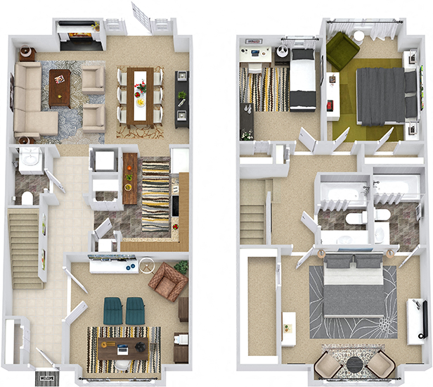 Floor plan for 3 beds, 2.5 baths, 1507 sqft